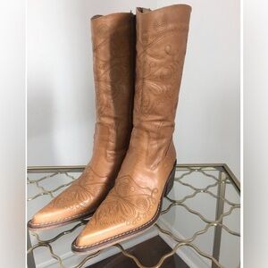 Vintage Aldo Caramel Leather Cowboy Boots Made in Spain Size 38